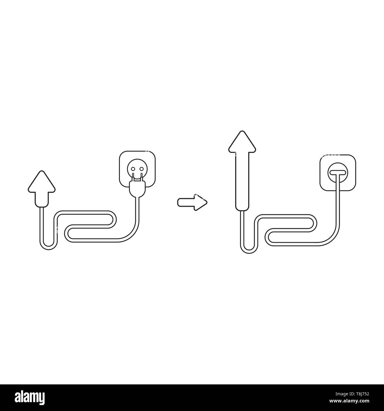 Vector icon concept of arrow with cable, plug and plugged into outlet and up. Black outlines. Stock Vector