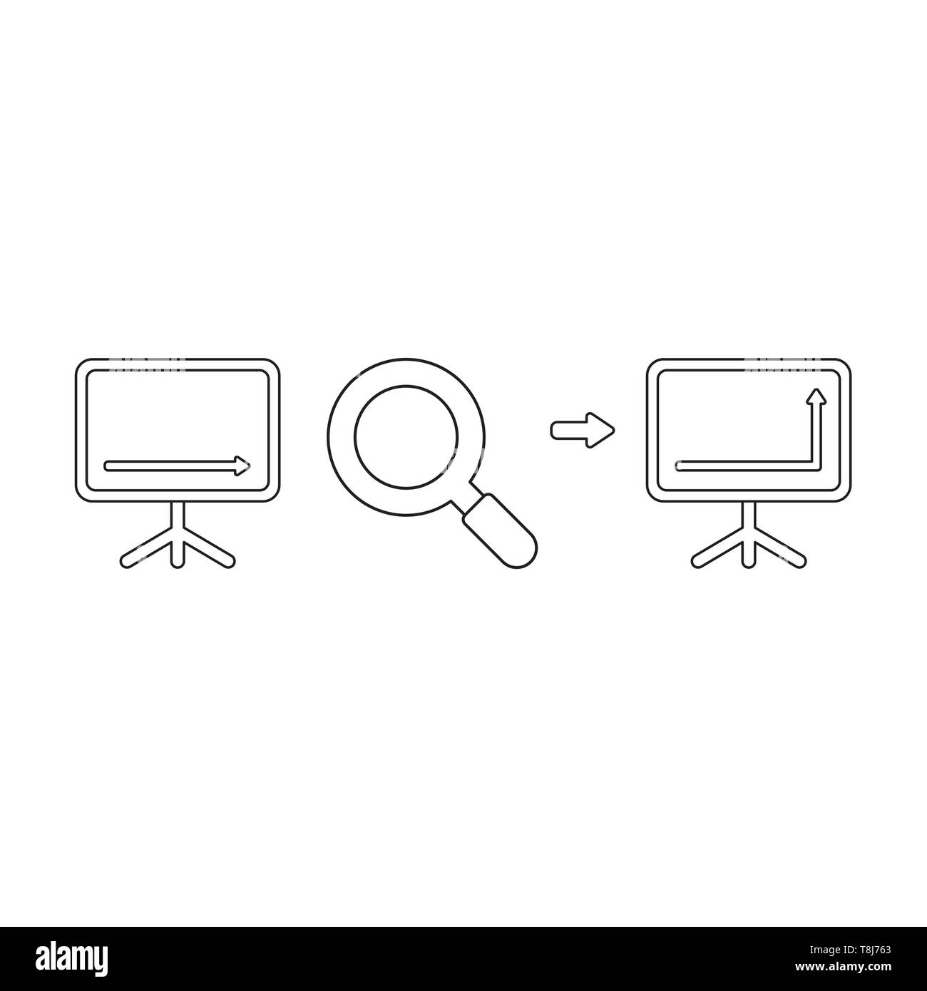 Vector icon concept of sales chart arrow moving down with magnifying ...