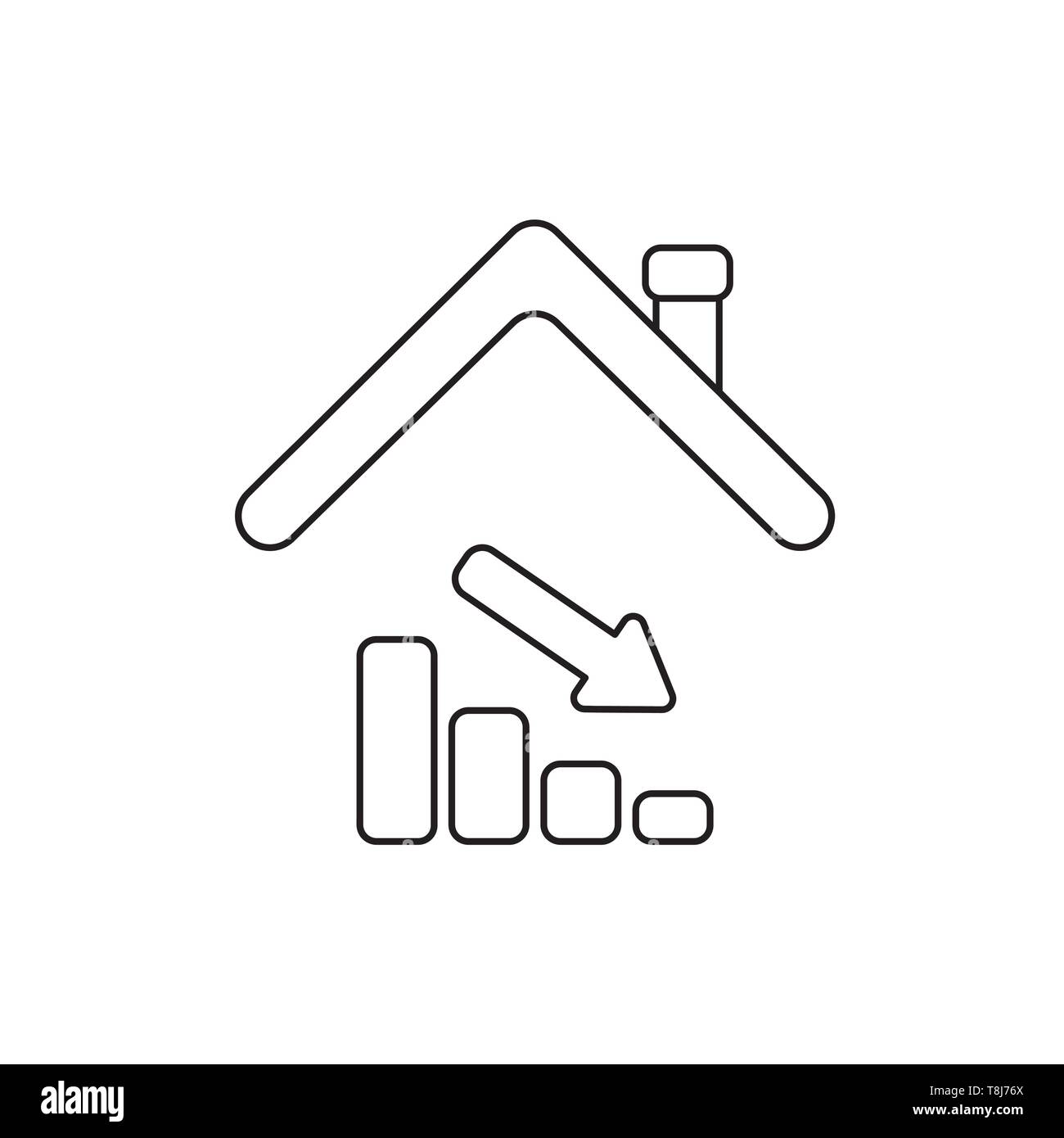 Vector icon concept of sales bar graph down under house roof. Black