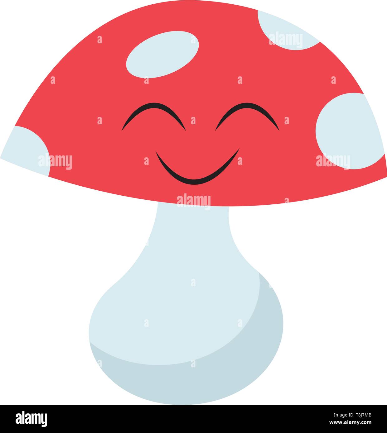 Emoji of a mushroom with spotted blue on a red cap and a stout stem has a face with eyes closed and smile turning up to the cheek looks cute, vector,  Stock Vector
