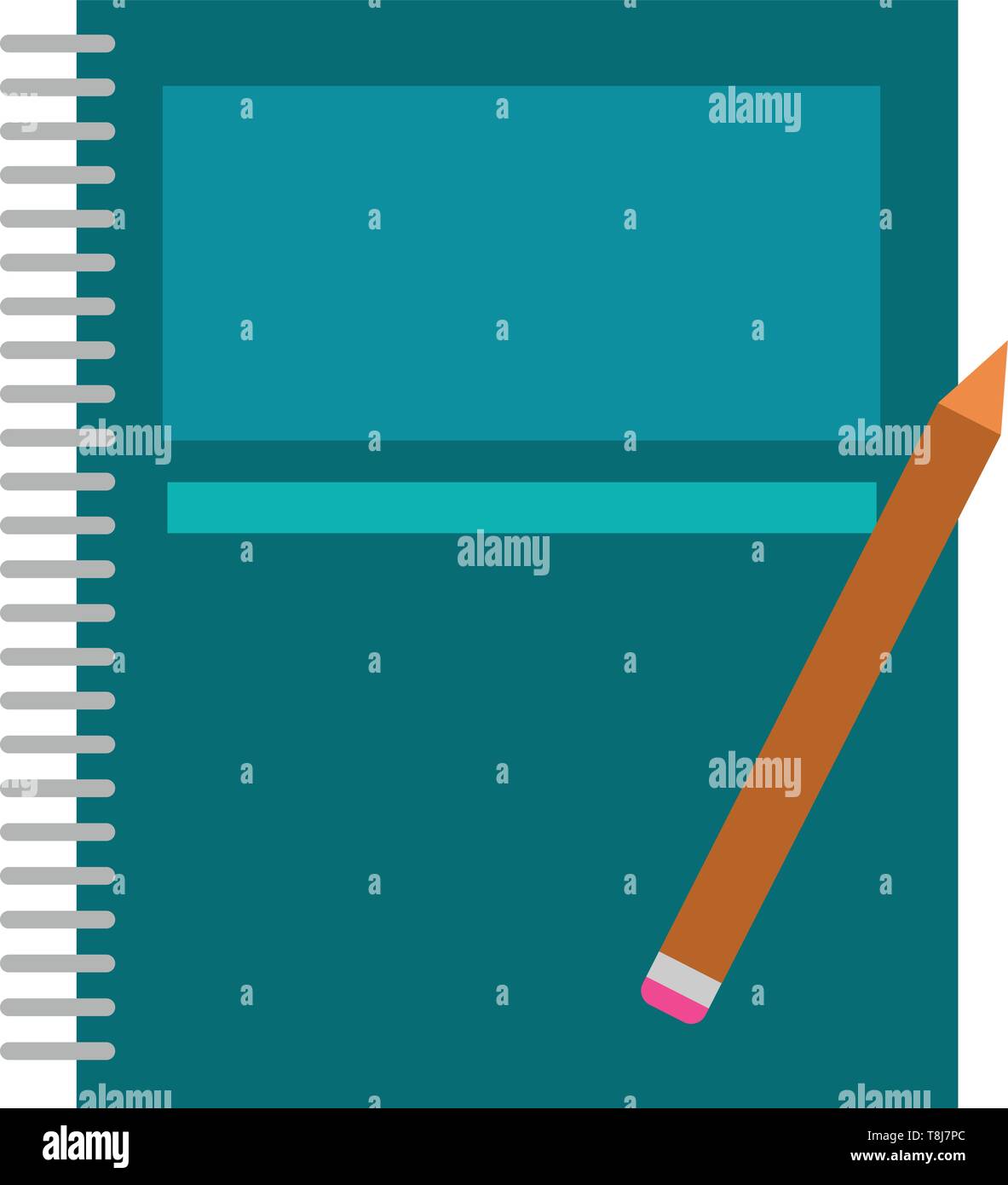 A wire-bound spring blue notebook and a pencil with a pink eraser at the back lying over it is all ready for a student to be an artist, and writer, ve Stock Vector