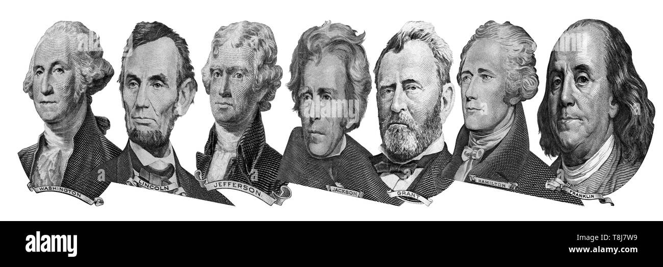 Portraits of America presidents and politicians from dollars isolated on white background. Photo at an angle of 45 degrees. Stock Photo