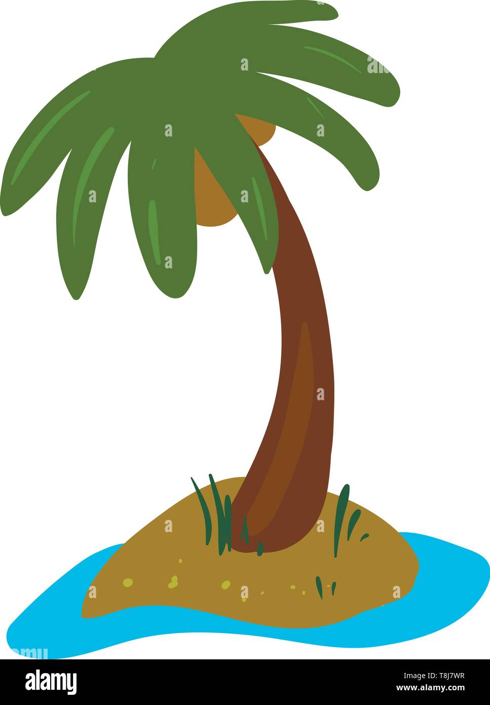 A palm tree has a crown of very long feathered or fan-shaped leaves bearing few coconuts grown along with some shrubs above the land surrounding water Stock Vector