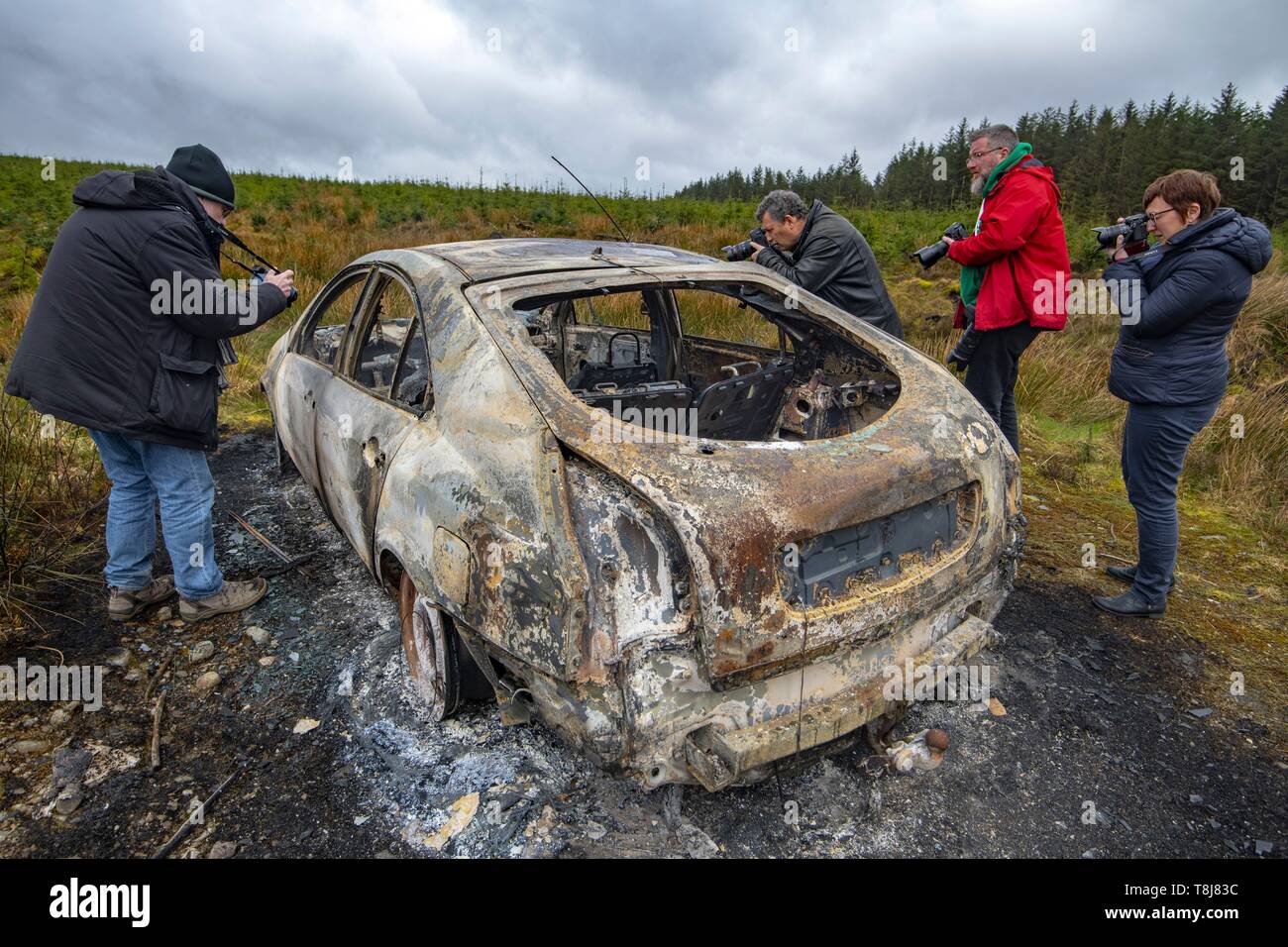 United Kingdom, Northern Ireland, Ulster, county Tyrone, Sperrin mountains, Burnt out car Stock Photo