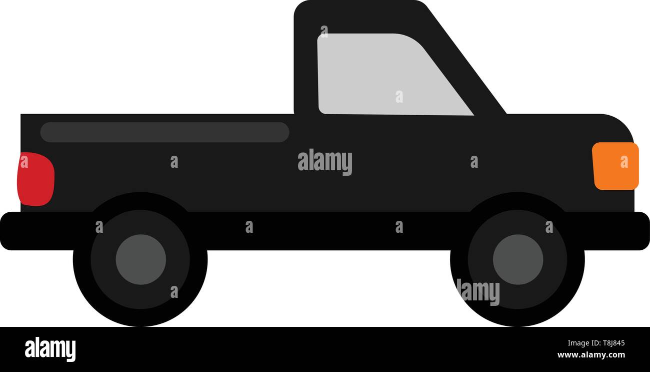 A green pickup truck with yellow lights designed to load materials on the bed and to reach the desired place, vector, color drawing or illustration. Stock Vector