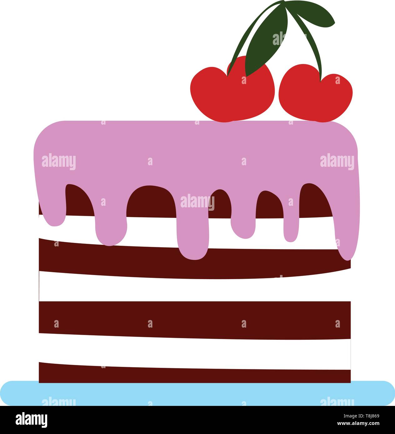 Brown and white fondant covering the amazing big cake with pink drippings and garnished with two red cherries on top of it, vector, color drawing or i Stock Vector