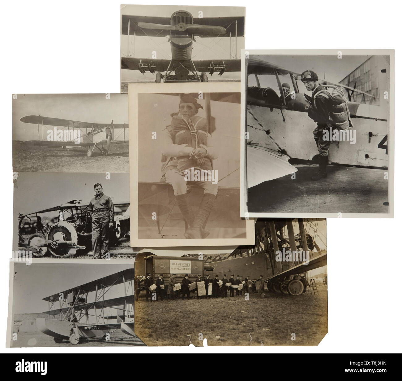 The photographic estate of the legendary American aviator George C. Pomeroy Over 30 predominantly large-size photos (13 x 18 cm) of the noted American aviator. The pictures show biplanes and monoplanes with good technical details, partially captioned at back. With English triangle calculator and a few picture postcards. Interesting estate of an American pilot who was trained by the famous pioneers Wilbur and Orville Wright. G.C. Pomeroy logged over 28,000 flight hours from these days and both world wars. historic, historical, troop, troops, armed forces, military, militaria, Editorial-Use-Only Stock Photo