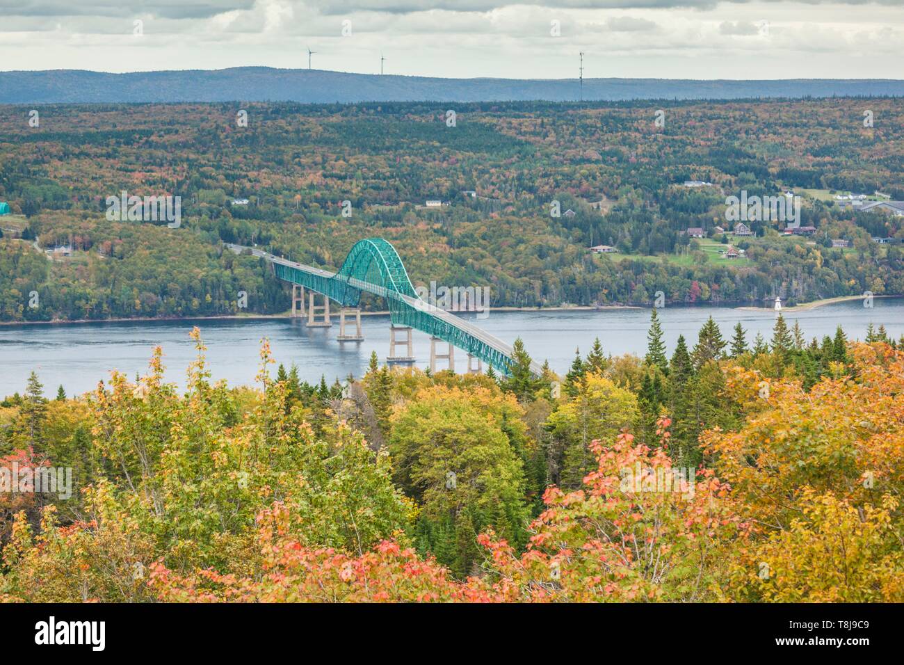 Canada, Nova Scotia, Great Bras d'Or Lake, elevated view of the Seal Island Bridge, autumn Stock Photo