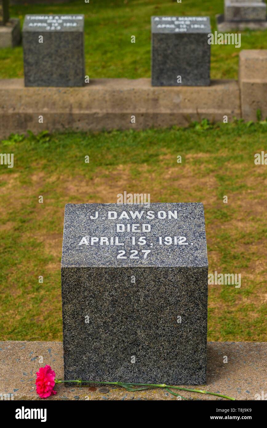 Canada, Nova Scotia, Halifax, Fairview Lawn Cemetery, gravesites of victims of the HMS Titanic sinking in 1912, grave of J. Dawson, name used for the Leonardo DiCaprio character of Jack Dawson in the film Titanic Stock Photo