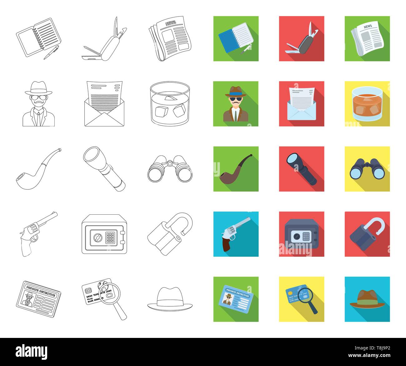 Detective and Attributes outline,flat icons in set collection for ...