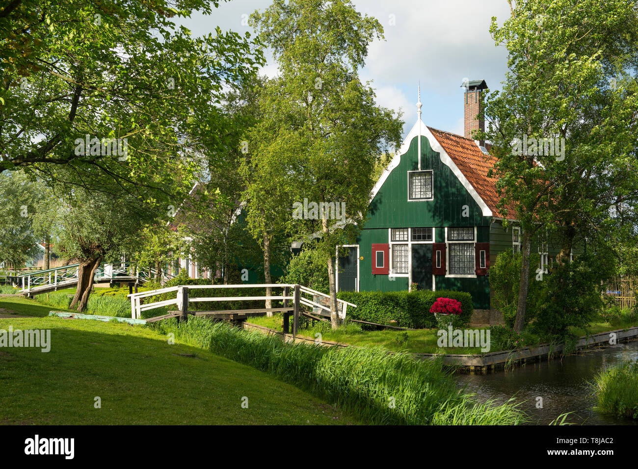Traditional wooden green house in a traditional village the Zaanse schans in the Netherlands near Amsterdam which is populair with tourists Stock Photo
