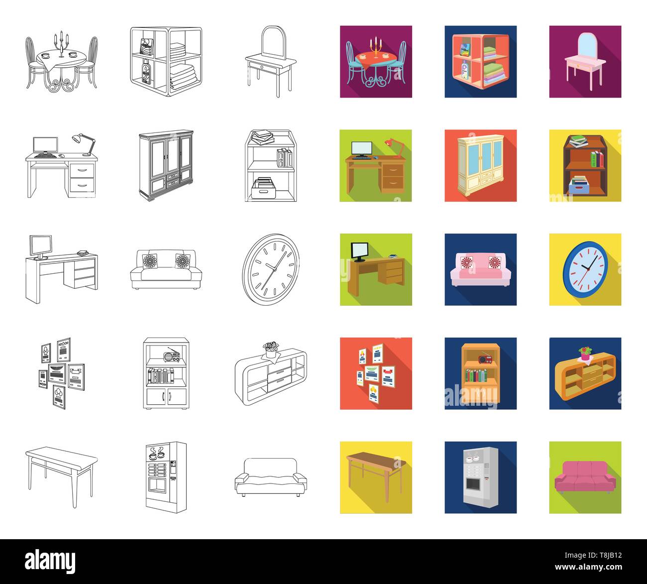 Furniture and interior outline,flat icons in set collection for design ...