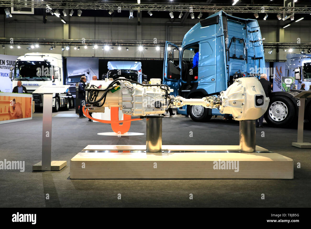 Helsinki, Finland. 09 May, 2019. Volvo FE electric motor for Volvo FE regional transport trucks, displayed on Transport-Logistics 2019. One vehicle has two electric motors of 185 kWh each. Credit: Taina Sohlman/agefotostock Stock Photo