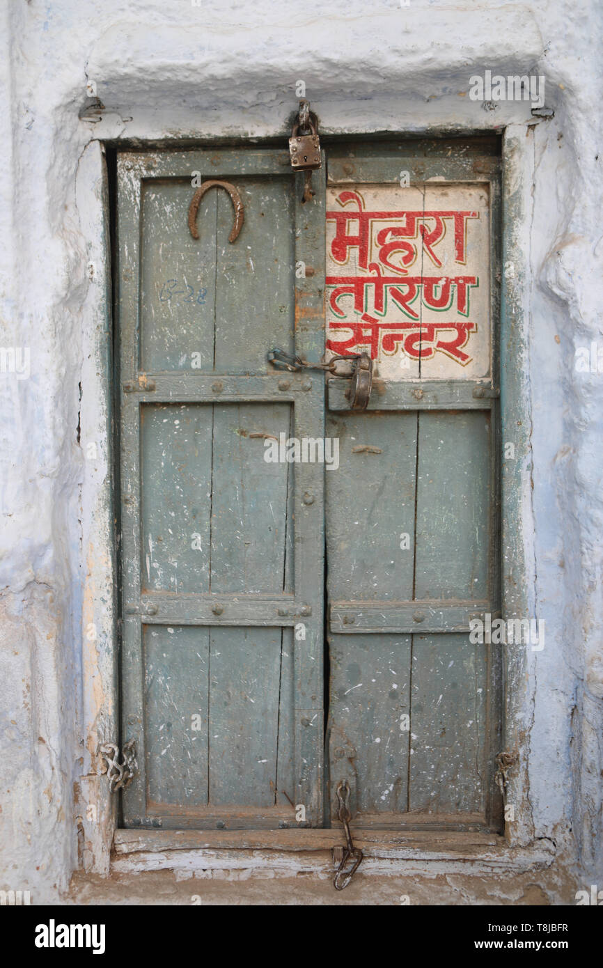 Indian Facade with colorful typical Indian Door Stock Photo