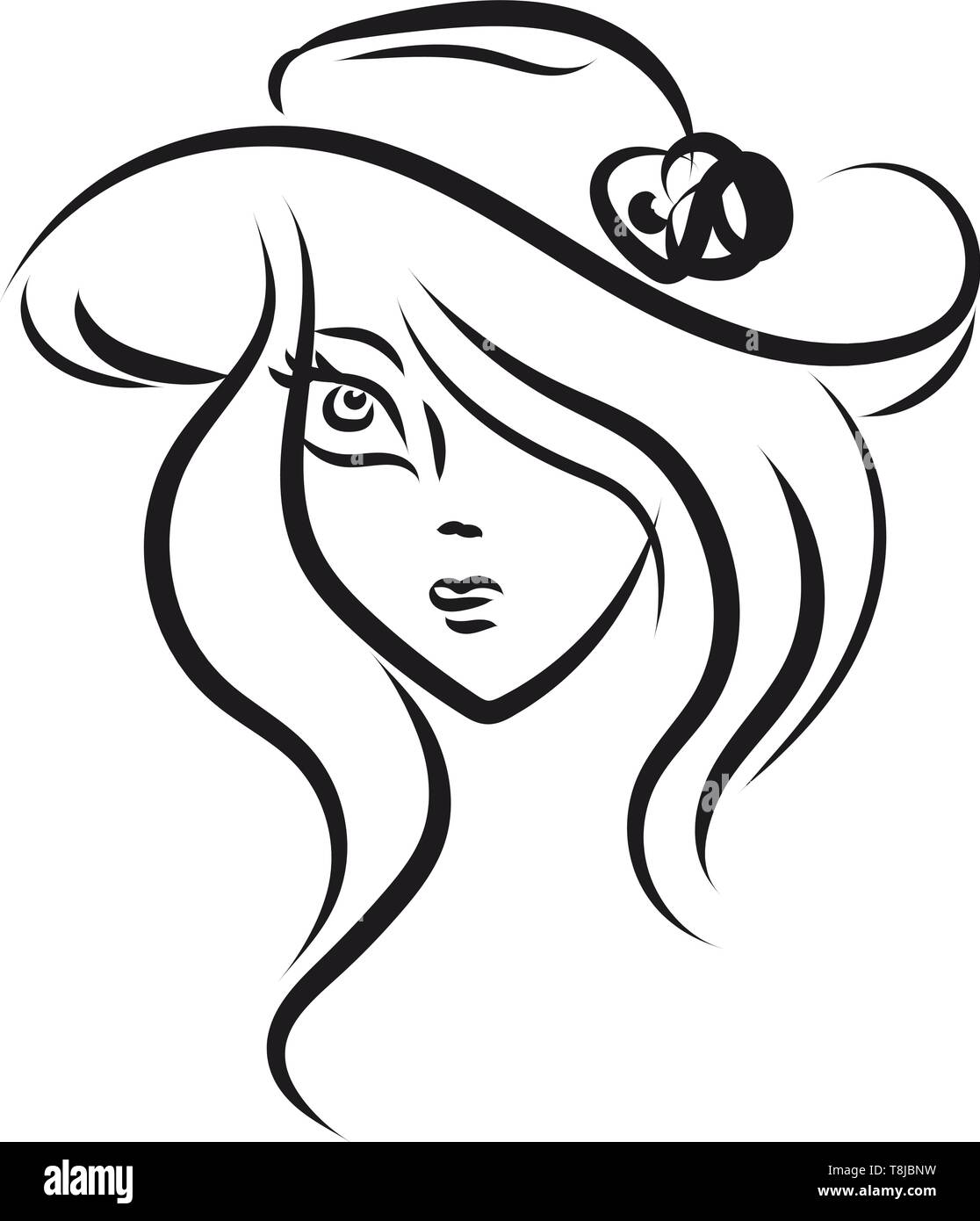 A black and white sketch of a girl wearing a hat, vector, color drawing