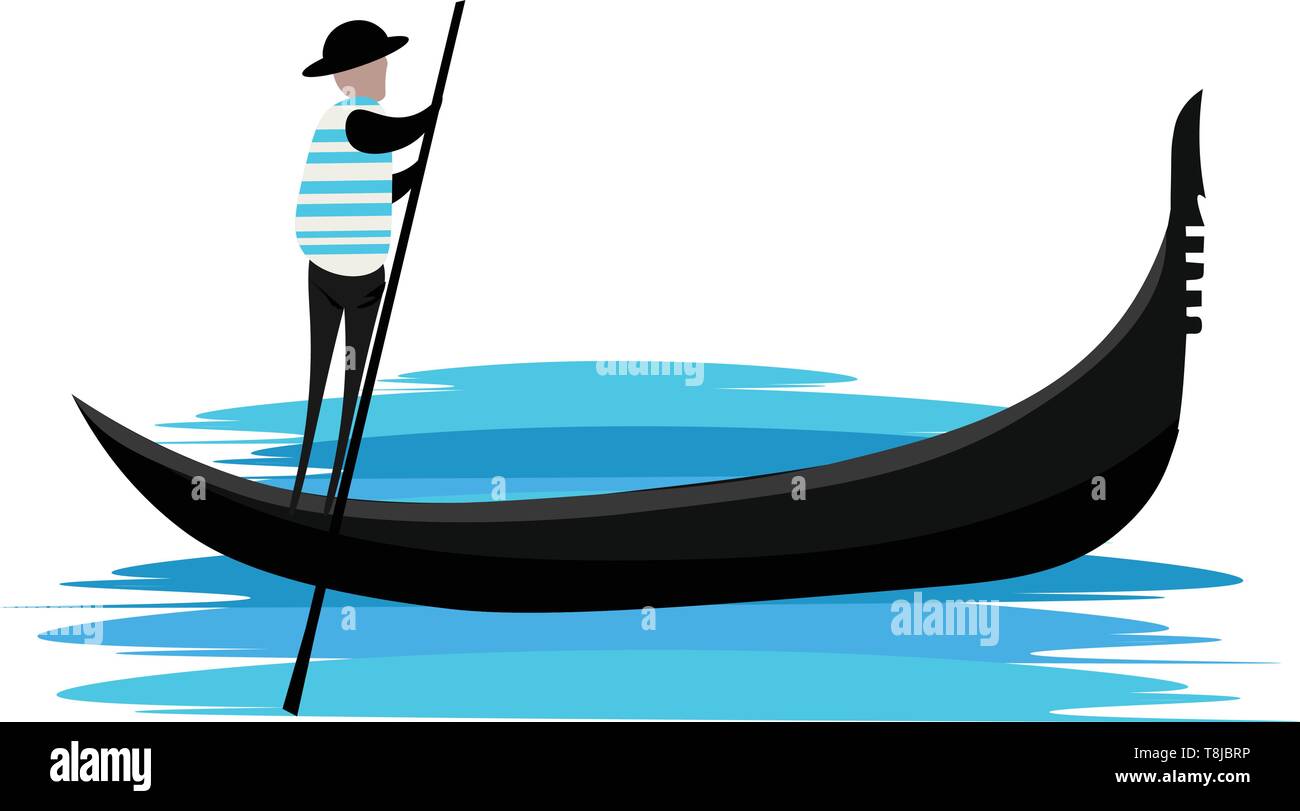 A colour drawing of a man rowing a gondola, vector, color drawing or illustration. Stock Vector