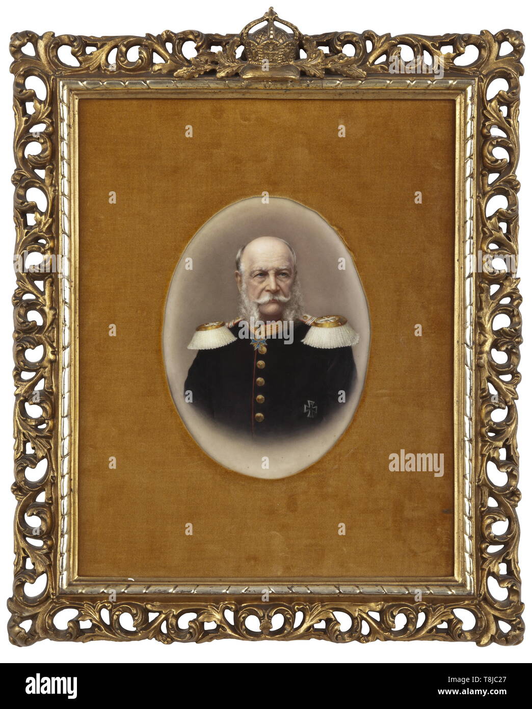 A portait of Kaiser Wilhelm I (1797 - 1888) Exquisite porcelain painting. The emperor wears the uniform tunic of a Field Marshal with the order Pour le Mérite and Iron Cross 1st Class. In an oval, velvet-covered passepartout and gilded plaster frame. Framed dimensions 35 x 43 cm. historic, historical, Prussian, Prussia, German, Germany, militaria, military, object, objects, stills, clipping, clippings, cut out, cut-out, cut-outs, 19th century, Additional-Rights-Clearance-Info-Not-Available Stock Photo