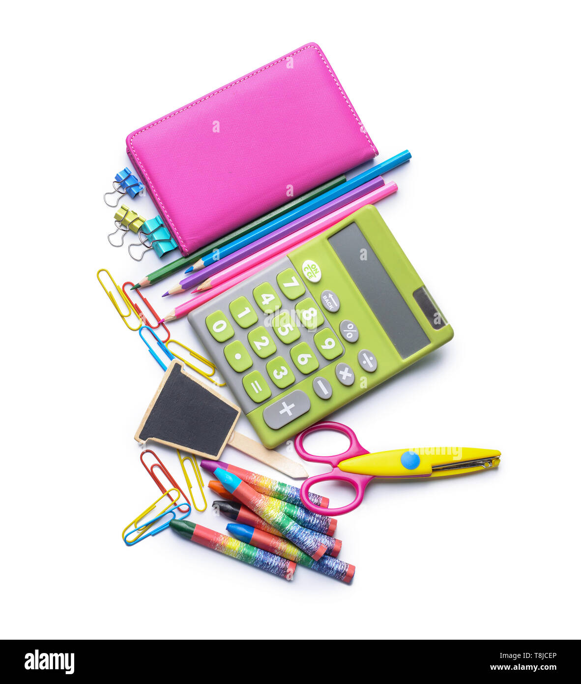 Composition with different school stationery and calculator on white background Stock Photo