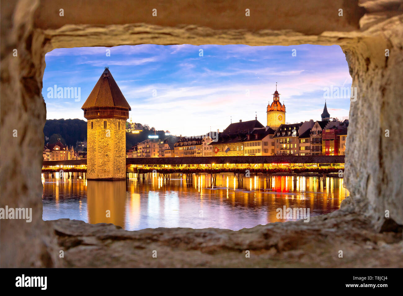 Luzern Kapelbrucke and riverfront architecture famous Swiss landmarks ...