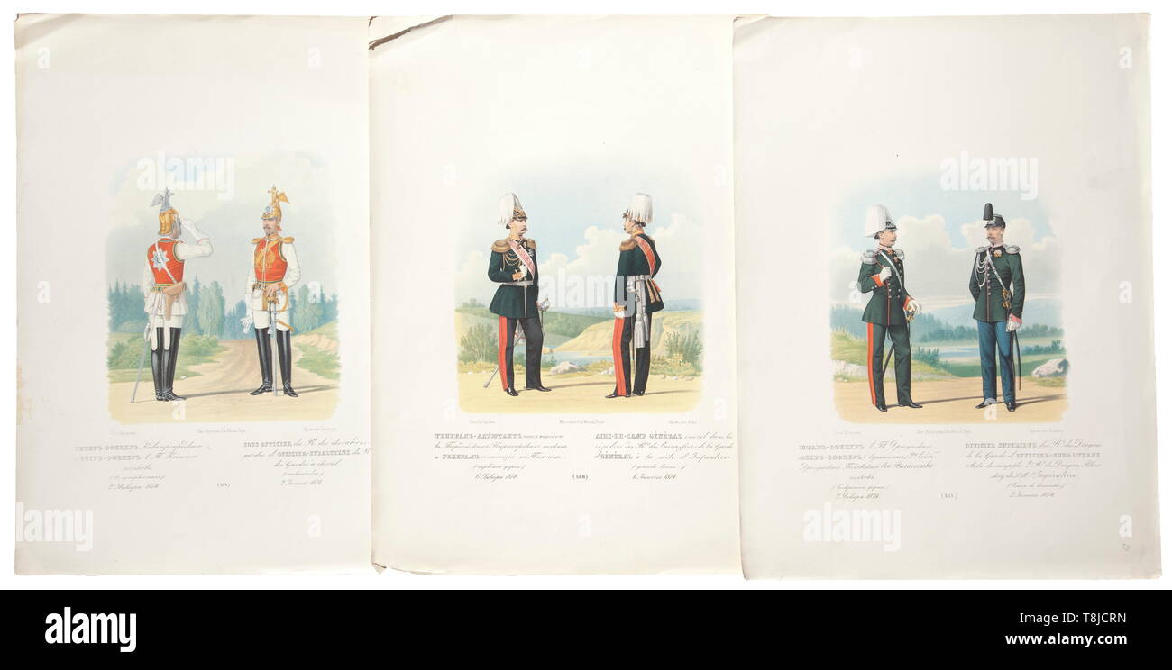 A folder with 91 large-size chromolithographs of the Russian army, circa 1880 Depictions of officers and troopers from various regiments. Edition with the title (tr.) 'Alterations in uniform and equipment of the Russian army under Emperor Alexander Nikolaevich 1874-1876'. Glued to the inside various labels such as one from the library of the 2nd Artillery Brigade. Predominantly good condition. A few sheets stained or cut, the edges partially damaged. Size of sheets mostly 46 x 34 cm. Rare. historic, historical, 19th century, Additional-Rights-Clearance-Info-Not-Available Stock Photo