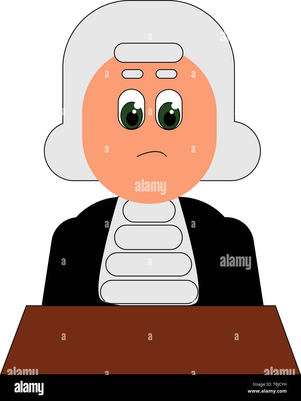 A confused judge with white hair and green eyes sitting in the courtroom, vector, color drawing or illustration. Stock Vector