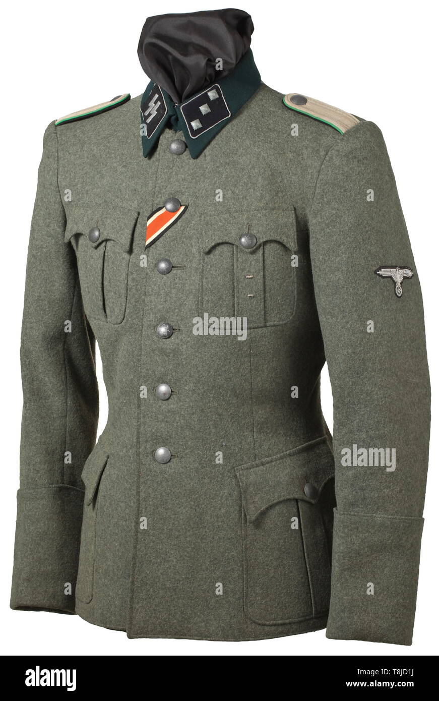 A field tunic for an Untersturmführer of the mountain troops Field-grey woollen cloth with dark green collar and field-grey buttons, brownish silk liner with opening for the sidearm, the inner pocket with a tailor's size label. Sewn-in shoulder boards with green adjacent colour. Black collar patches with continuous silver cord, the right side with an embroidered silver rune. Silver woven sleeve eagle (partially detached) on a black base. Machine-embroidered sleeve Edelweiß on a black base, Iron Cross 2nd Class buttonhole ribbon, orders loops. Including a photo expertise of , Editorial-Use-Only Stock Photo