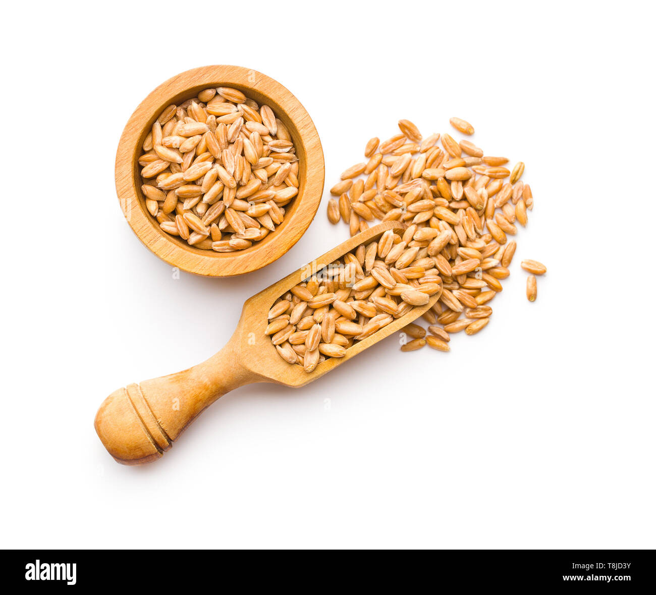 Healthy spelt grains in wooden scoop and bowl isolated on white ...