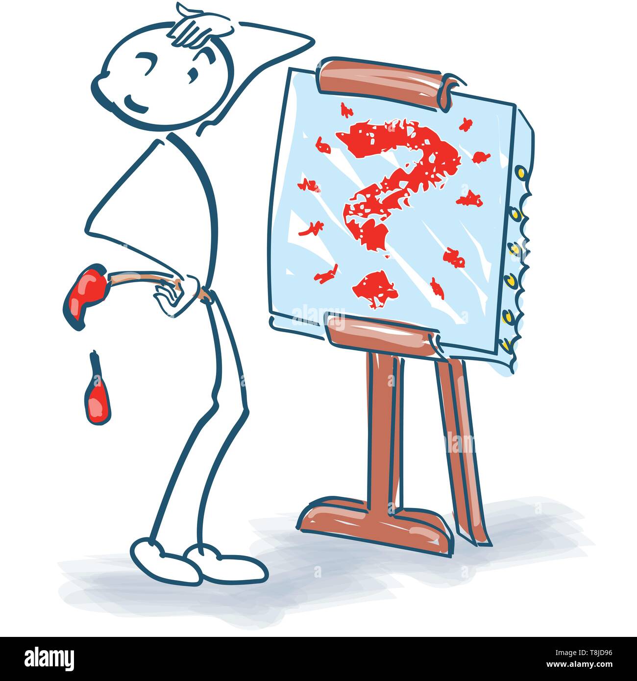 Stick figure with brushes, canvas and big question mark Stock Vector