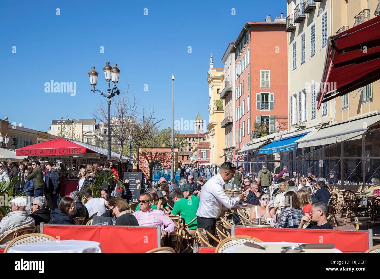 France, Alpes Maritimes, Nice, Old Nice district, Cours Saleya, restaurant terrace Stock Photo
