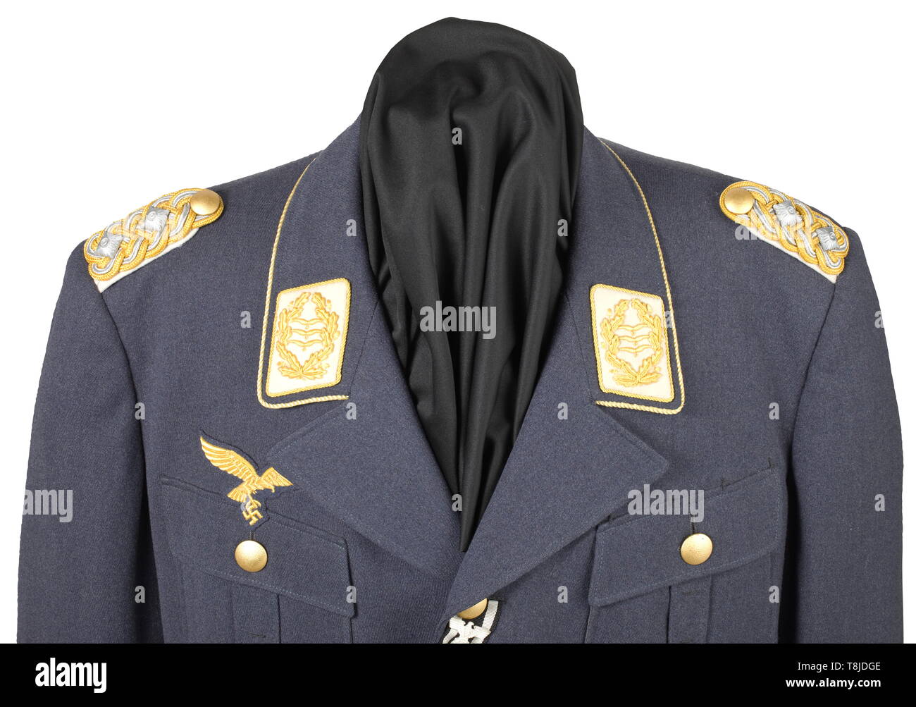 A coat for a Generalleutnant Made to measure in fine Luftwaffe-blue gabardine with gold buttons and a bluish silk liner. Collar patches, shoulders boards, eagle and collar trim in gold-coloured cellon issue. Orders loops, Iron Cross buttonhole ribbon with Repetition Bar '1939'. Nearly unused, large size. historic, historical, Air Force, branch of service, branches of service, armed service, armed services, military, militaria, air forces, object, objects, stills, clipping, clippings, cut out, cut-out, cut-outs, 20th century, Editorial-Use-Only Stock Photo