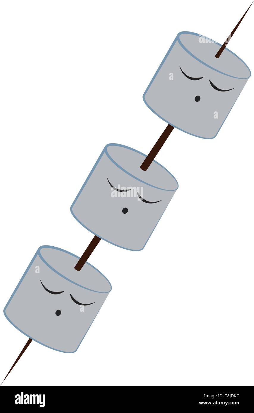 Three marshmallows on a single black colored stick, vector, color drawing or illustration. Stock Vector