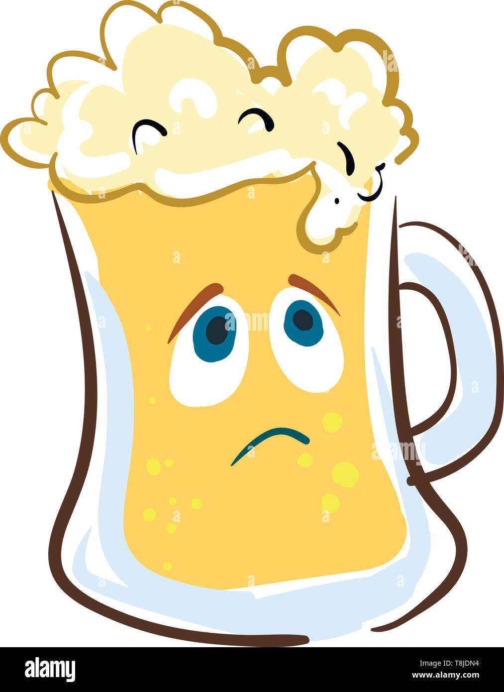 A yellow colored beer mug overflowing with frothy beer from the top, vector, color drawing or illustration. Stock Vector