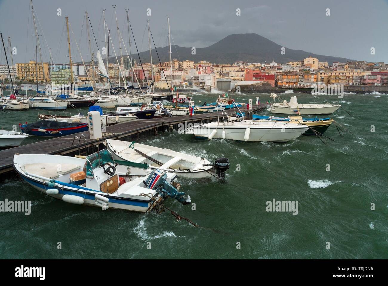 Italy, Campania, Bay of Naples, Torre del Greco, the port, in the background, Vesuvius Stock Photo