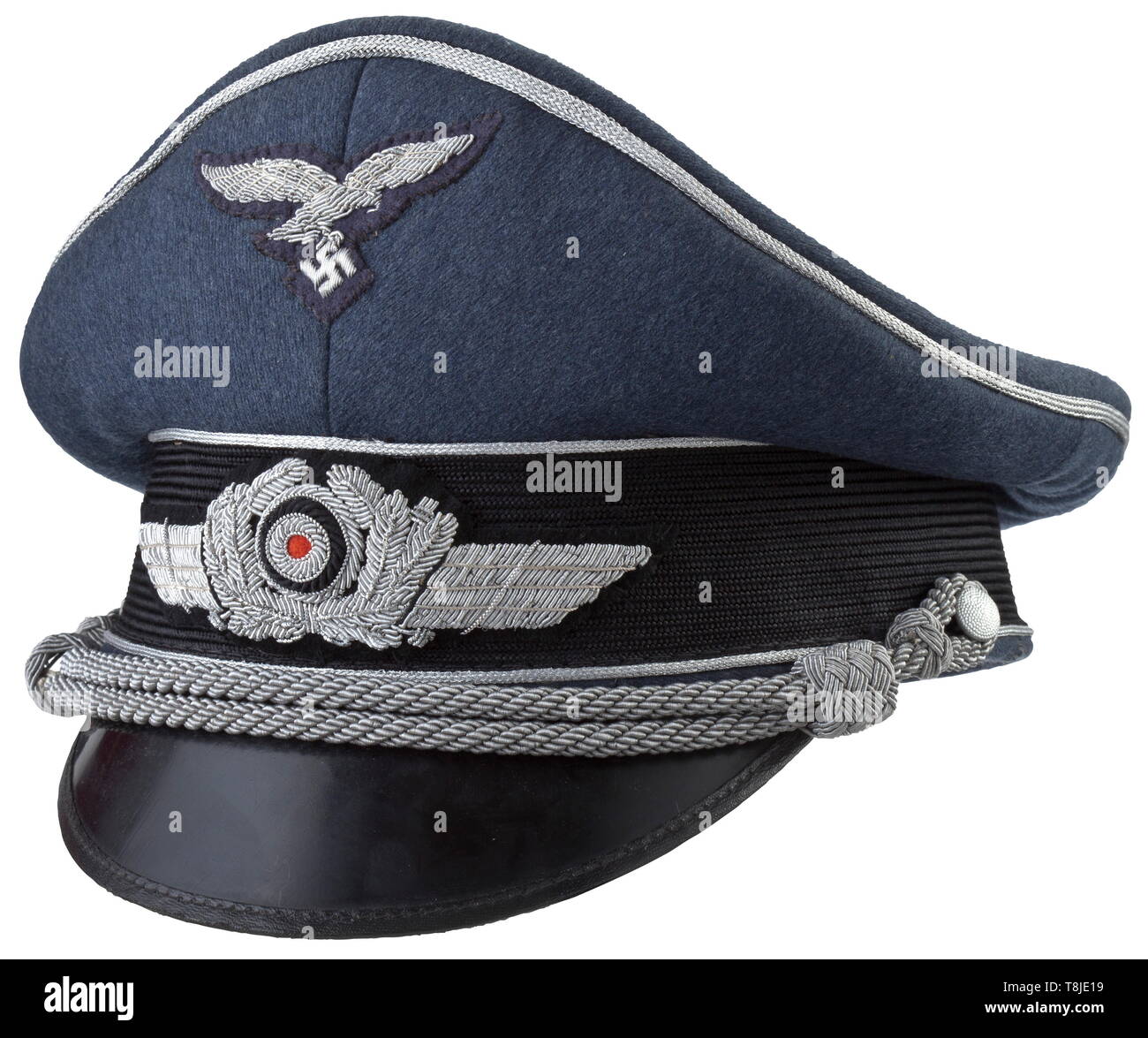 A visor cap for officers Luftwaffe-blue, fine gabardine, black mohair trim stripe, silver piping, hand-embroidered insignia, light grey inner liner with gold imprinted maker logo under the cap trapezoid, grey leather sweat band. In a nearly unused state of preservation. historic, historical, Air Force, branch of service, branches of service, armed service, armed services, military, militaria, air forces, object, objects, stills, clipping, clippings, cut out, cut-out, cut-outs, 20th century, Editorial-Use-Only Stock Photo