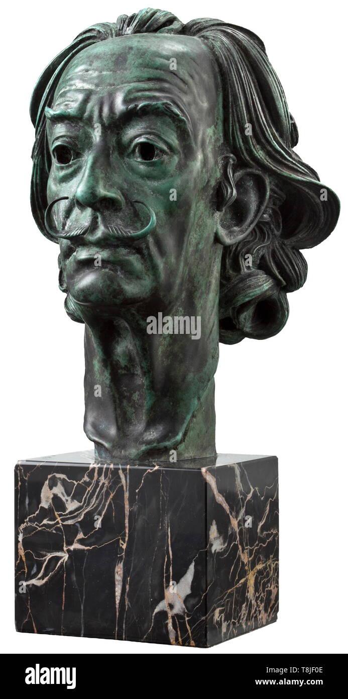 Arno Breker (1900 - 1991) - Salvador Dali Portrait head made of bronze with green patina, signed 'Arno Breker 1974 - 75' on the side of the neck. Base made of black marble with white veins (small chips on the lower corners), label of 'Venturi Arte' on the reverse side. Height 29.5 cm. Very delicate sculpture that matches Dali's meticulous manner of painting. historic, historical, 20th century, 1930s, 1940s, fine arts, art, NS, National Socialism, Nazism, Third Reich, German Reich, Germany, National Socialist, Nazi, Nazi period, Editorial-Use-Only Stock Photo