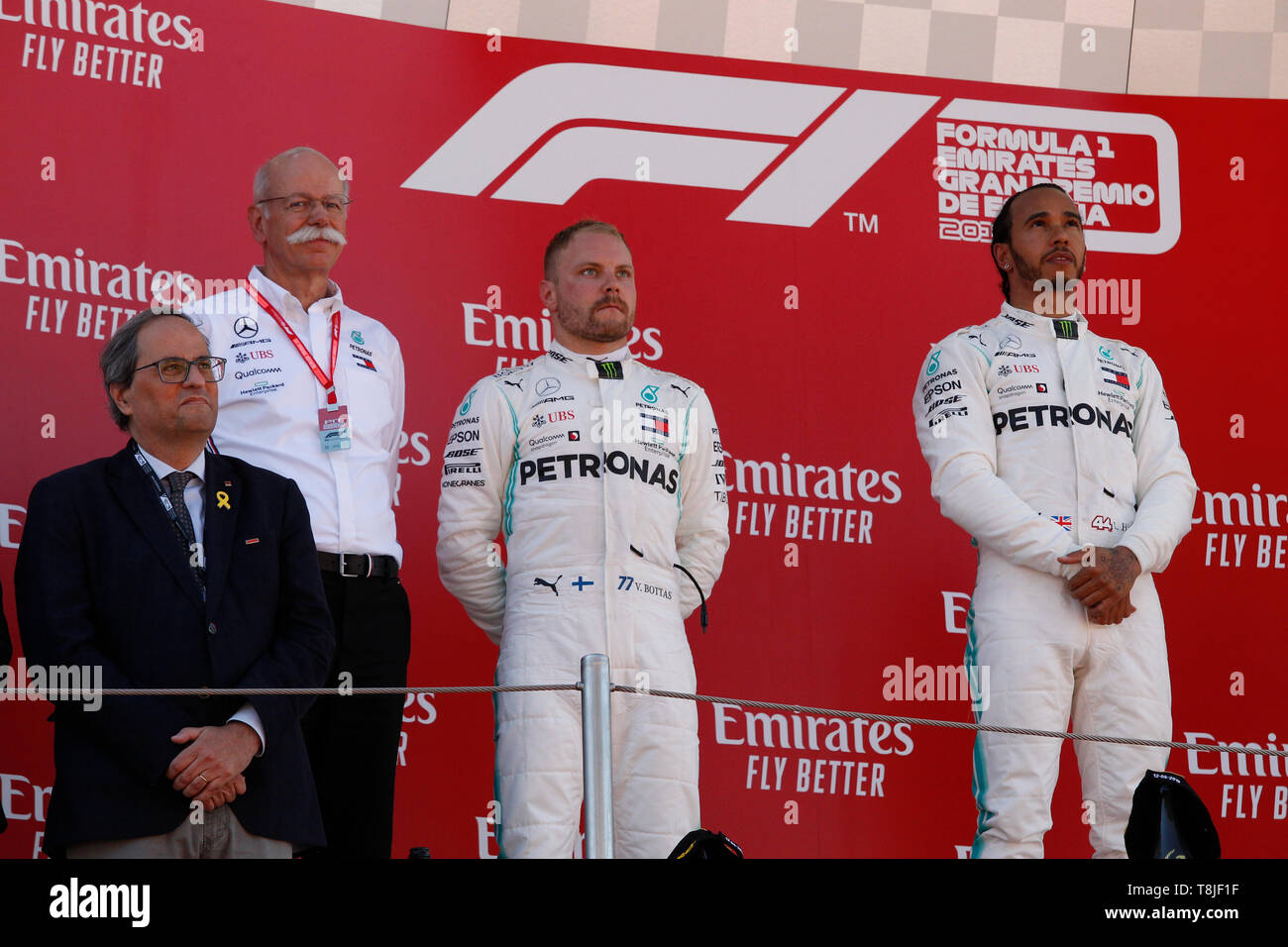 F1 World Champioship 2019. Grand Prix of Spain. Barcelona, 9-12 May 2019. President Mercedes Dieter Zetsche with Lewis Hamilton and Valtteri Bottas. Stock Photo