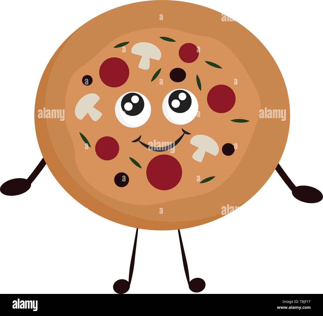 A round shaped pizza with many toppings, with cute little face and two  hands and legs, vector, color drawing or illustration Stock Vector Image &  Art - Alamy