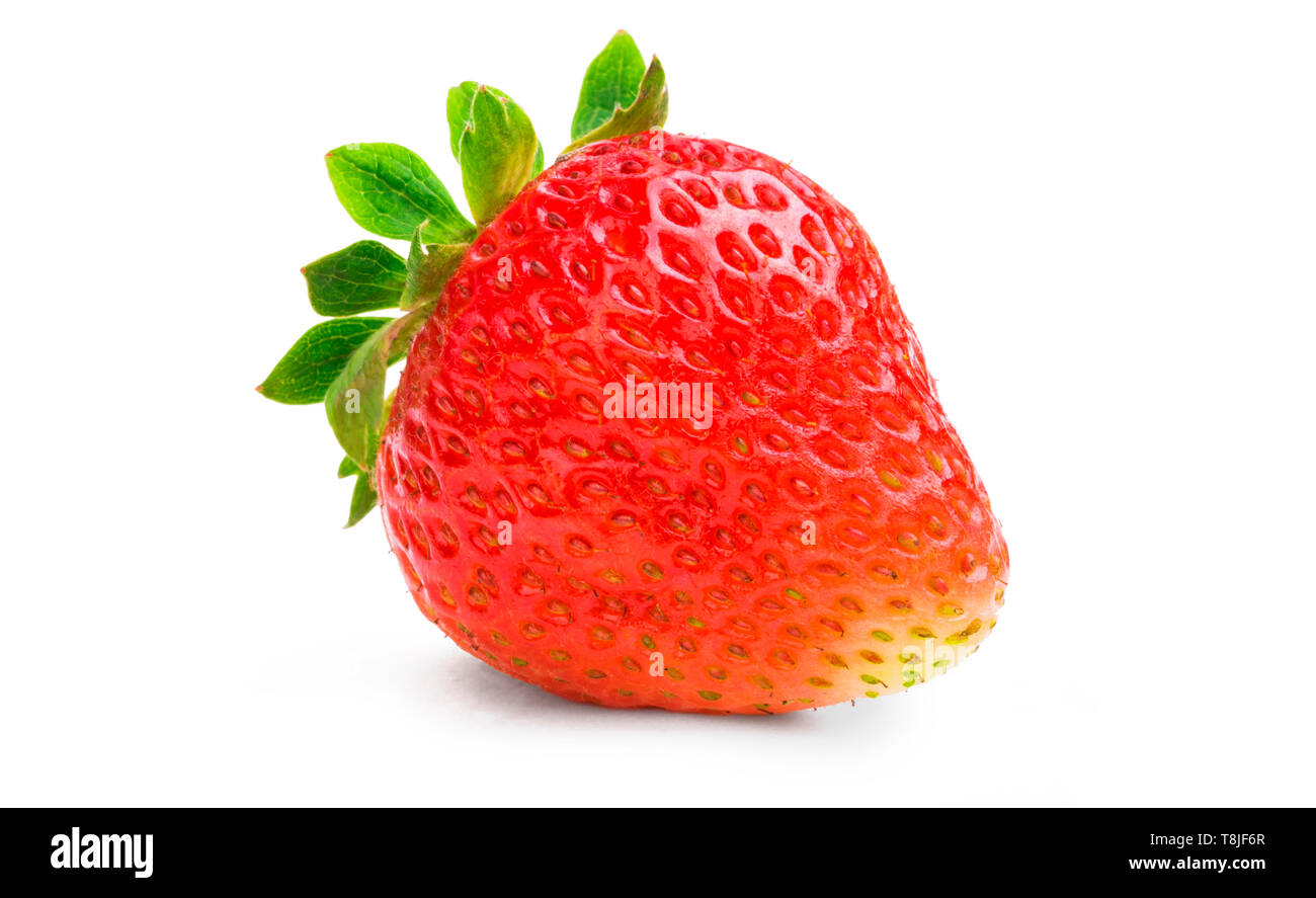 Single ripe strawberry with green leaves isolated on white background ...