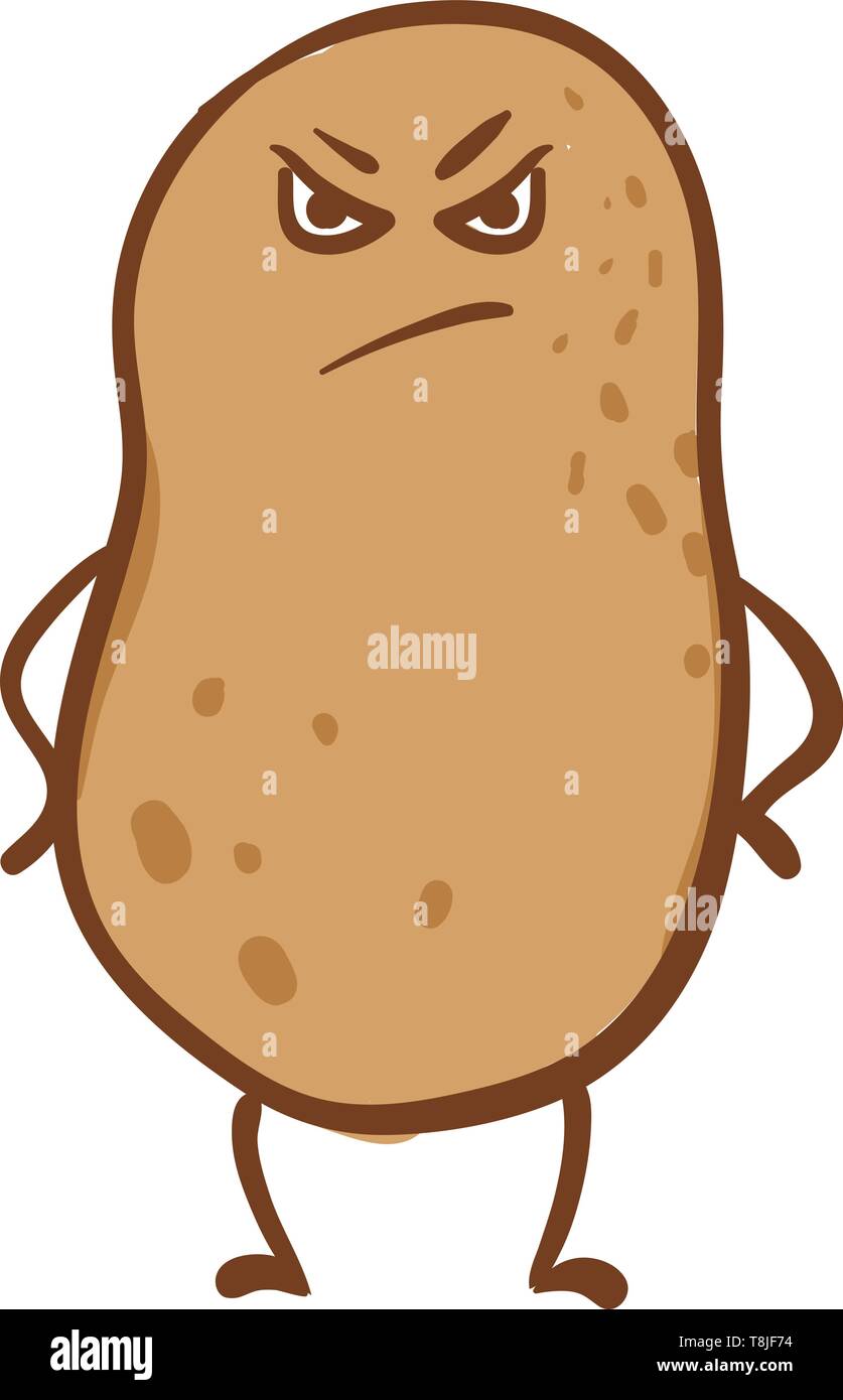 Potato with two arms and legs, angry eyes and frown, vector, color
