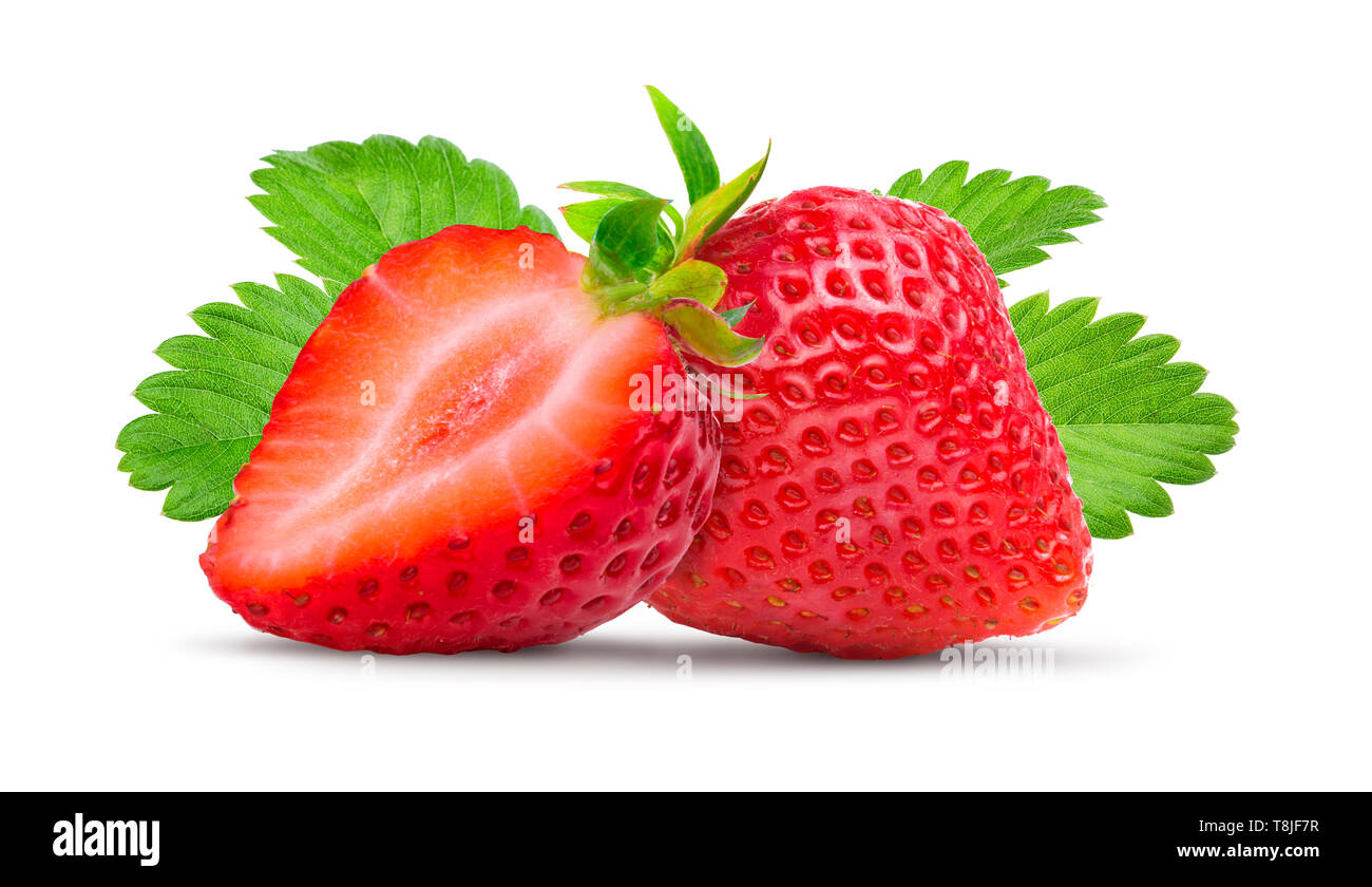 Two ripe strawberrys with green leaves isolated on white background macro shot Stock Photo