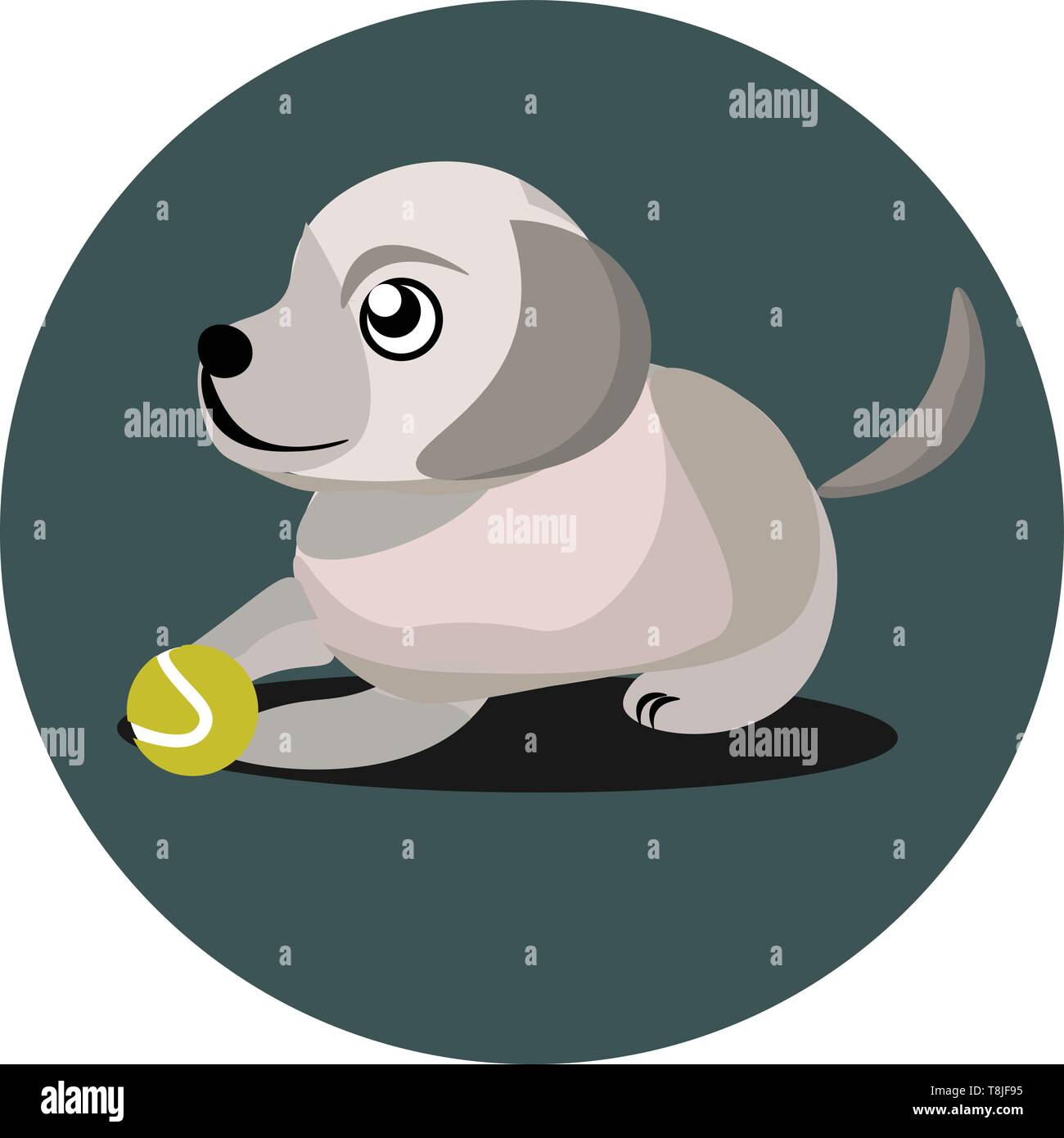 A whitish grey puppy playing with a green tennis ball, vector, color ...