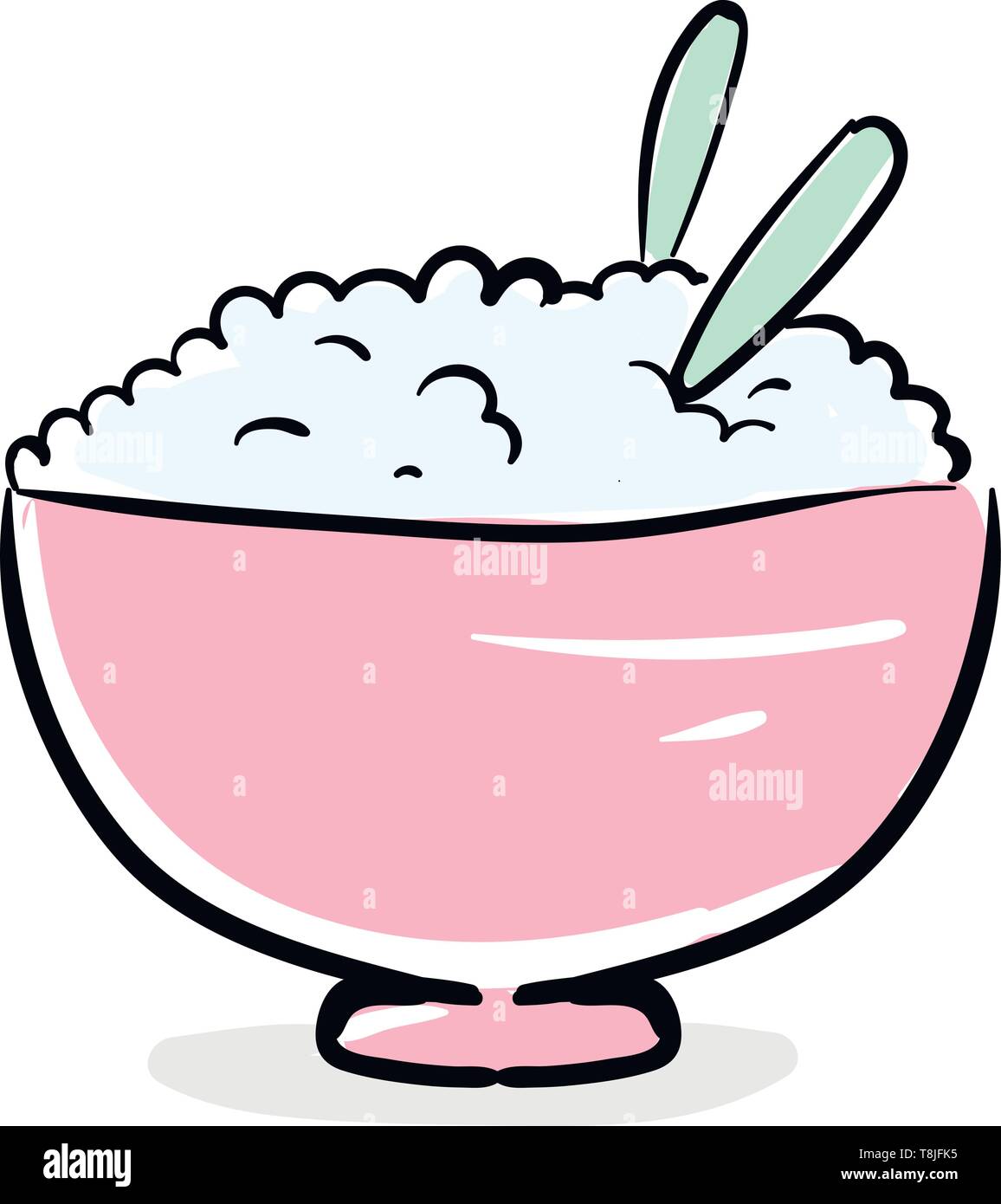 Pink color tureen with rice and two spoons inside, vector, color drawing or illustration. Stock Vector