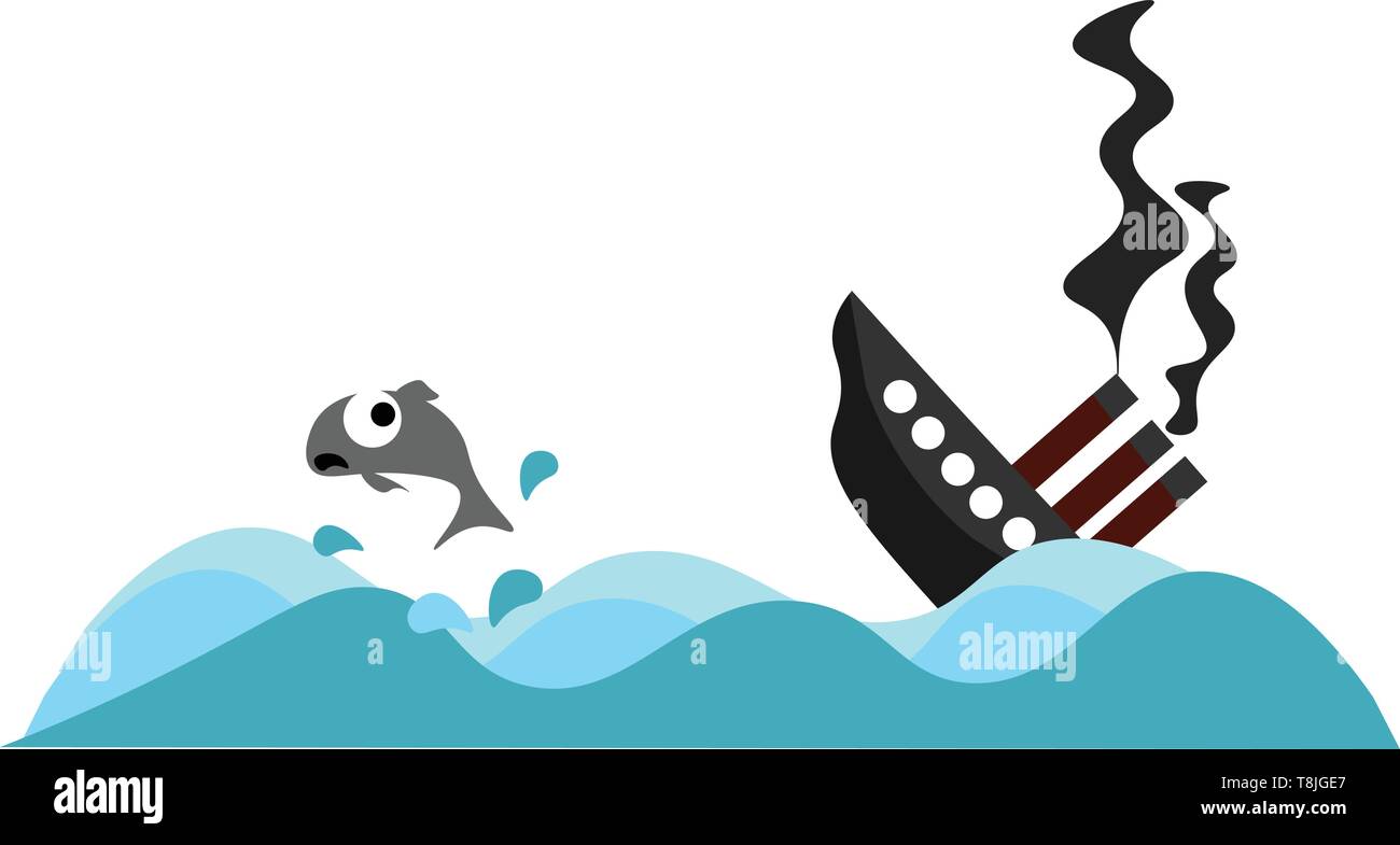 A sinking ship in the sea with fishes around, vector, color drawing or ...