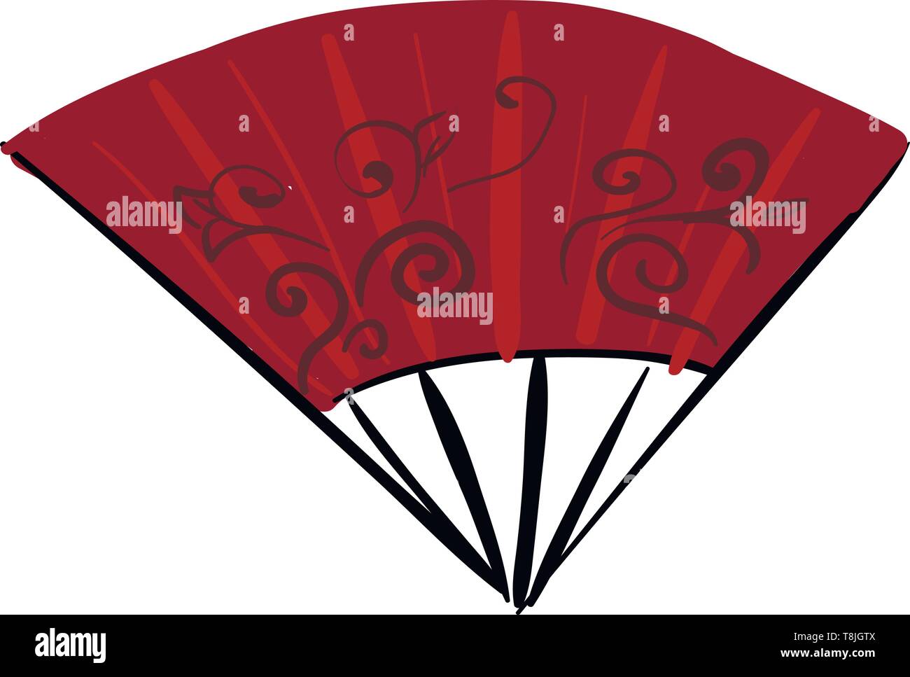 A painting of a red Asian fan with spiral line designs, vector, color