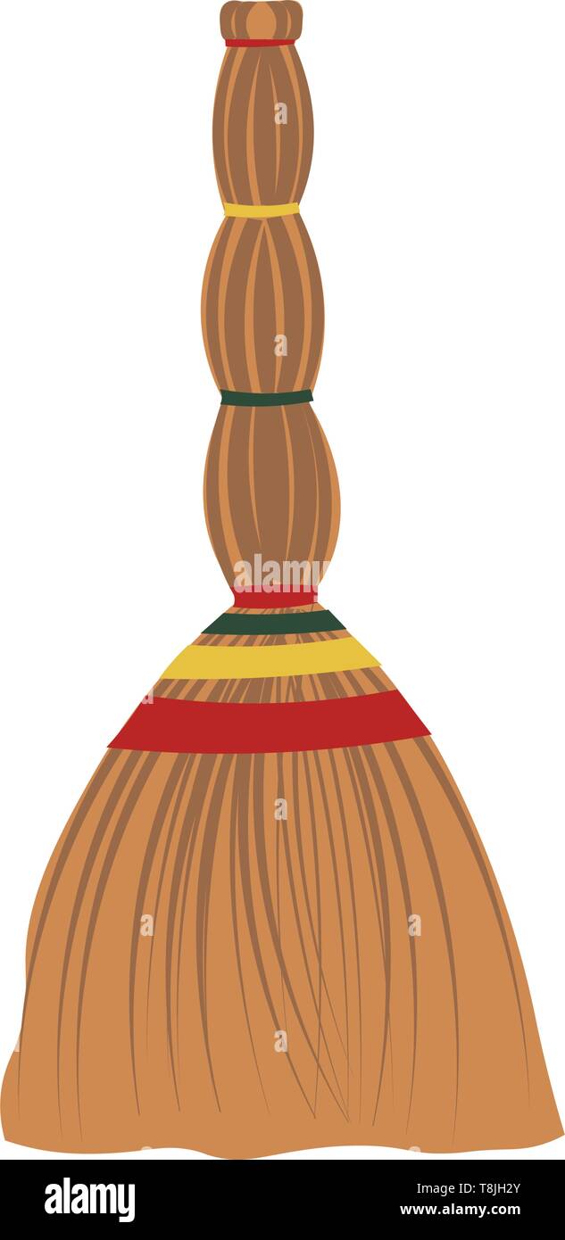 A brown besom, with long handle, tied with red, yellow, and green binder, vector, color drawing or illustration. Stock Vector