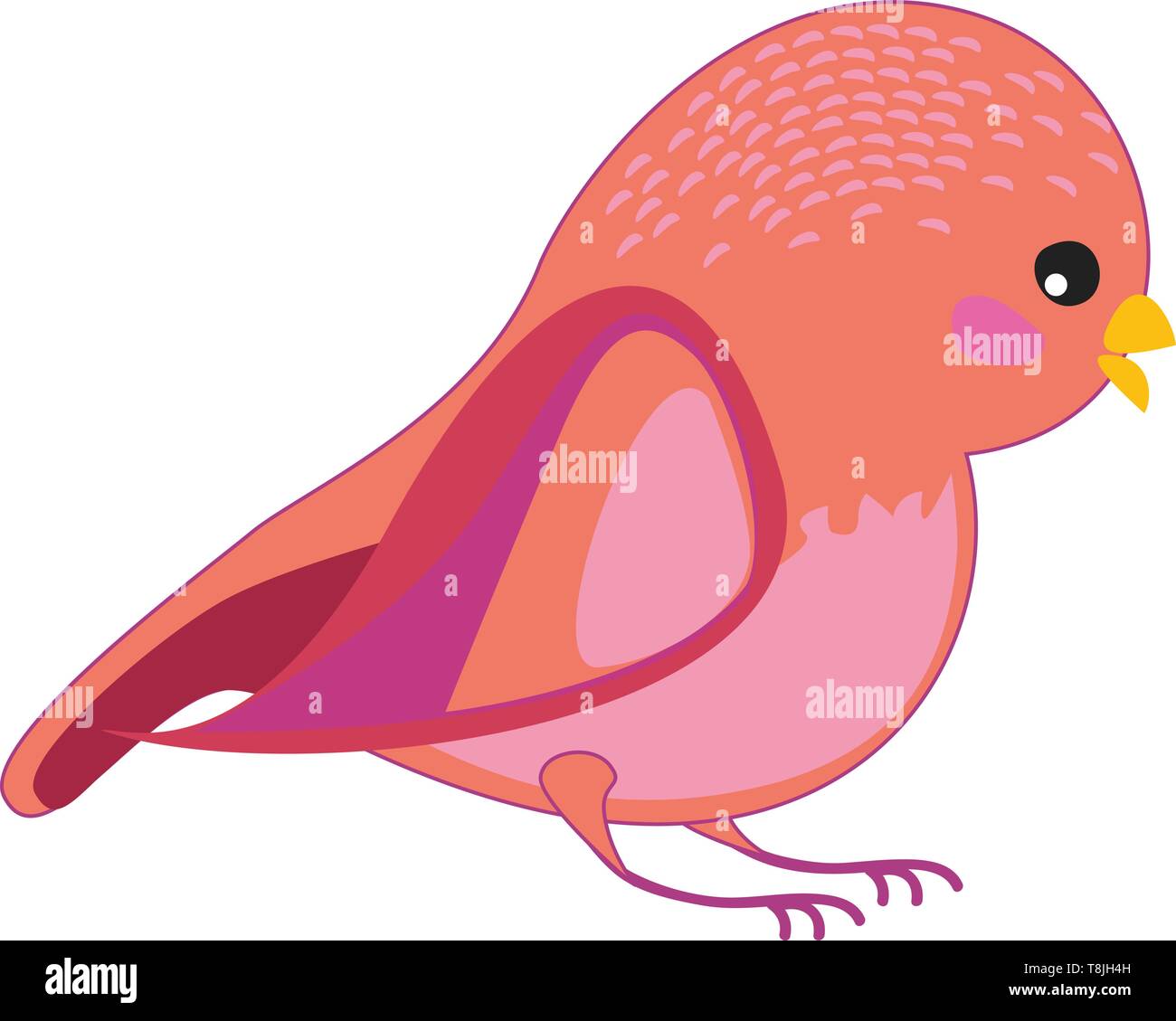An orange bird with red-violet wing with amazing signs, with short tail, with pink spots, with short beak, with black eyes, vector, color drawing or i Stock Vector