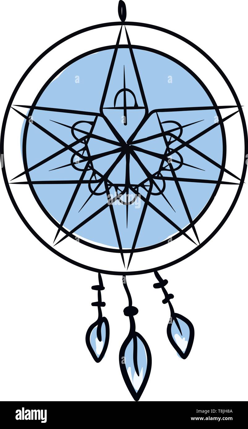 A Blue Dream Catcher With Three Feathers Vector Color Drawing Or