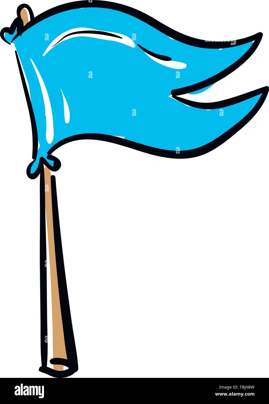 A blue flag with brown pole, vector, color drawing or illustration