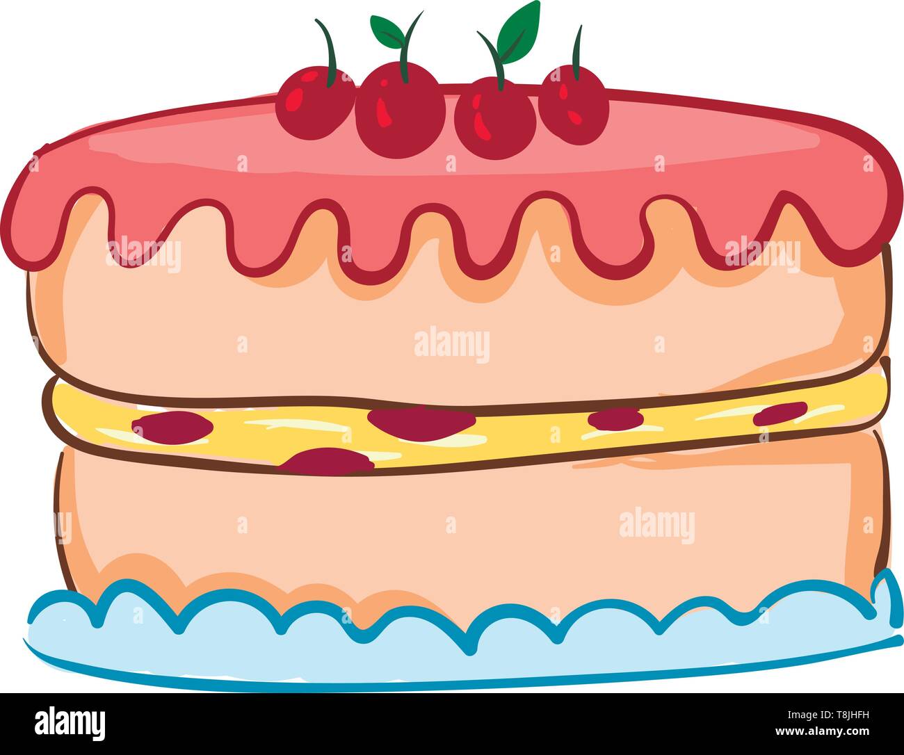 Drawing of a round cake with pink frosting on top and cherries, with yellow and red filling on a blue tray., vector, color drawing or illustration. Stock Vector