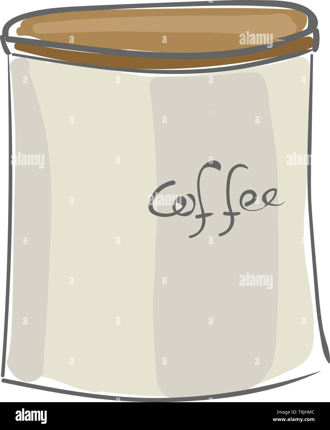 A coffee container with a brown lid; with label, vector, color drawing